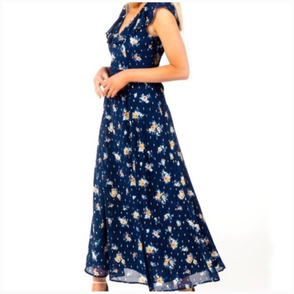 Francesca’s gold ruffle Floral Navy Blue maxi Dress
